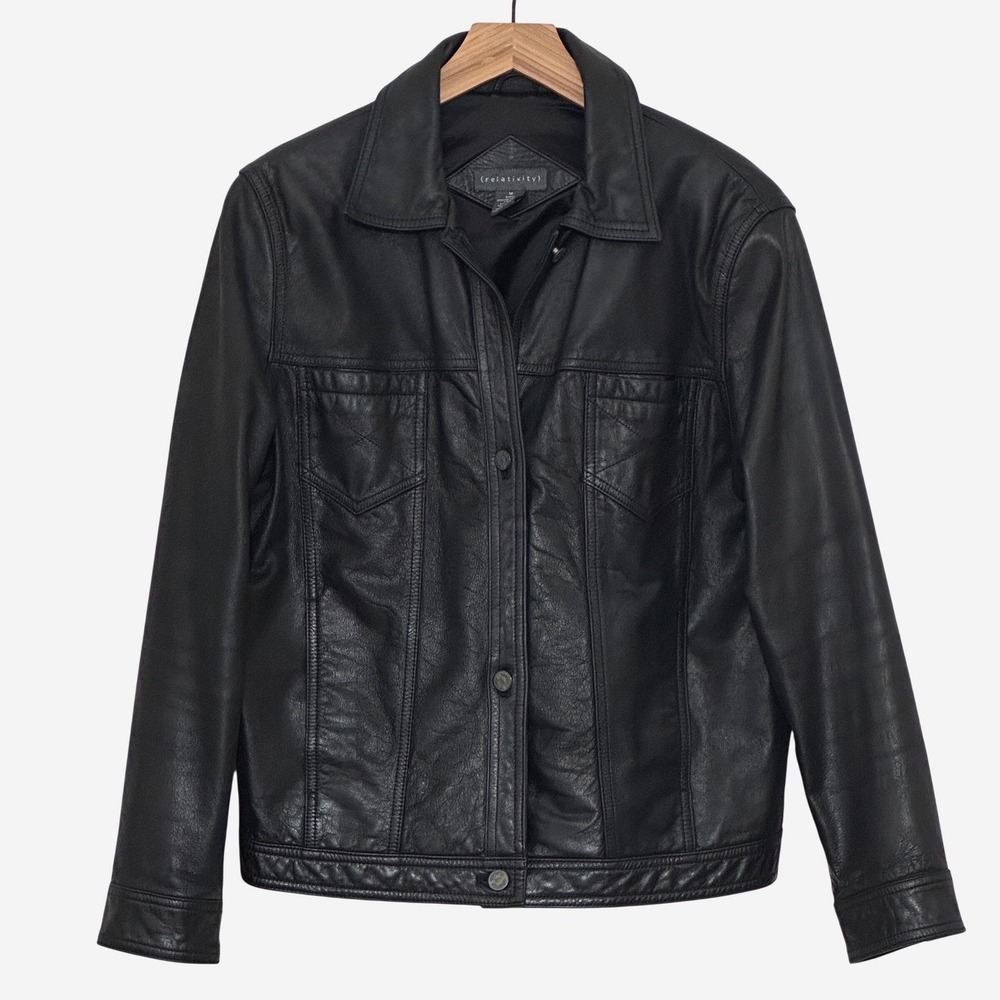 VTG 90s Y2K Black Genuine Leather Trucker Jacket M Button Up Biker Grunge Edgy